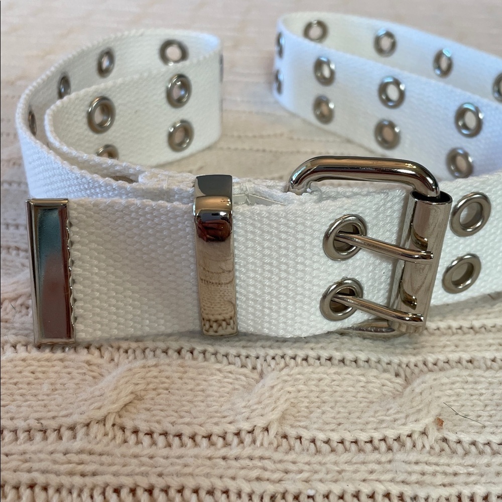 36-42” white belt. Cotton woven metal grommets moto biker motorcycle silver tone - Picture 3 of 9